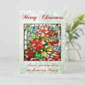 Glas in lood Rood Kerstbloemen Groen Glitter Feestdagenkaart (Staand voorkant)