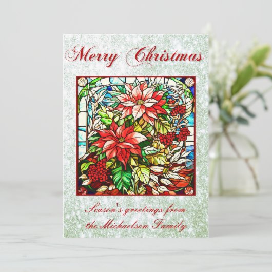 Glas in lood Rood Kerstbloemen Groen Glitter Feestdagenkaart (Staand voorkant)