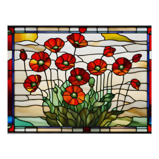 Glas in lood Rood Poppy Flowers Boeket Perfect Poster