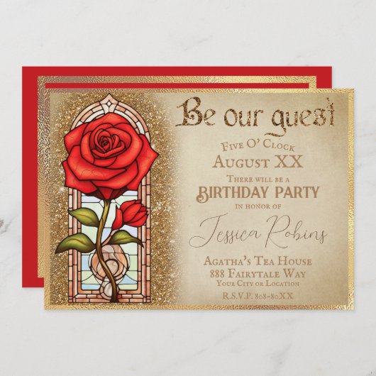 Glas in lood Roos Beauty en het Beest Theme Kaart (Voorkant / Achterkant)