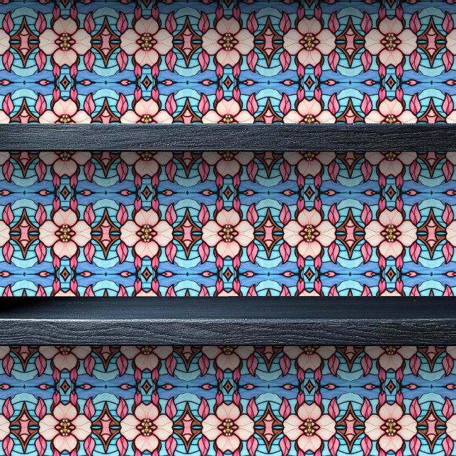 Glas in lood Roze Bloemen Kleine print Behang (Stained Glass Pink Flowers Small Print Wallpaper on a shelf)