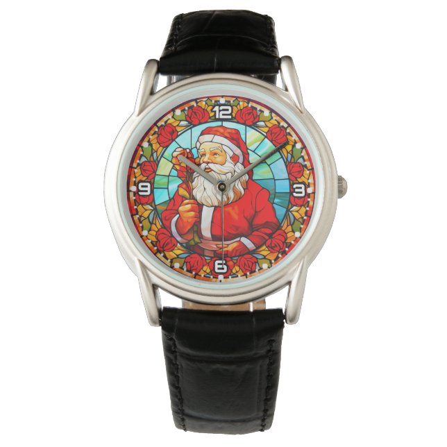 Glas in lood Santa Christmas Ornament-67680 Horloge (Voorkant)
