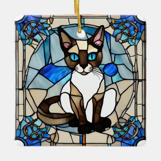 Glas in lood Siamese Kat Keramisch Vierkant Orname Ornament (Voorkant)