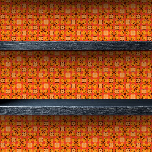 Glas in lood Sinaasappel Bloemen Kleine Print Behang (Stained Glass Orange Floral Small Print Wallpaper on a shelf)