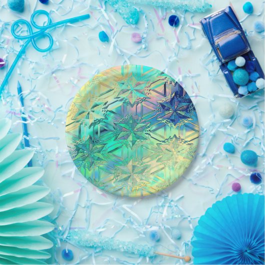 Glas in lood sneeuwvlok kleurrijk blauwgroen roze papieren bordje (Feest)