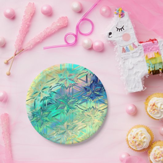 Glas in lood sneeuwvlok kleurrijk blauwgroen roze  papieren bordje (Feest)