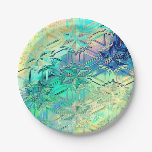 Glas in lood sneeuwvlok kleurrijk blauwgroen roze papieren bordje (Voorkant)