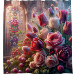 Glas in lood Splendor: Dew-Kissed Rozen Boeket Douchegordijn