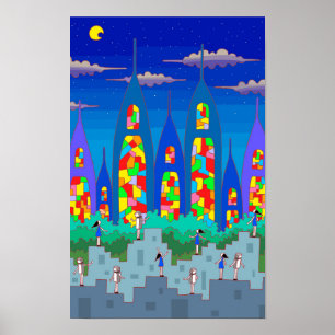Glas-in-lood-stad op een sterrenhemel. poster