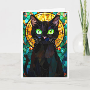 Glas-in-lood stijl charmante zwarte kat groene oge kaart
