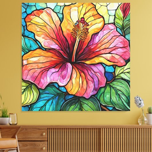 Glas in lood stijl hibiscus canvas afdruk (Insitu (Woonkamer))