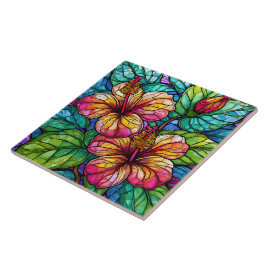 Glas in lood stijl hibiscus tegeltje