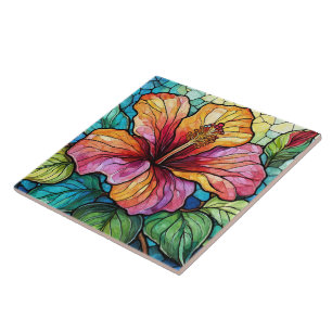 Glas in lood stijl hibiscus tegeltje