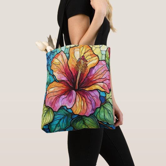 Glas in lood stijl hibiscus tote bag (Dichtbij)
