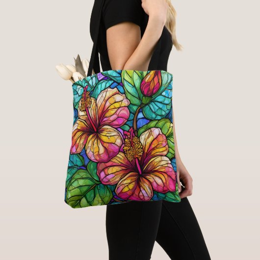Glas in lood stijl hibiscus tote bag (Dichtbij)