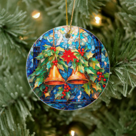 Glas in lood stijl kerstbellen en poinsettia keramisch ornament