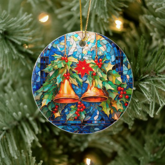 Glas in lood stijl kerstbellen en poinsettia keramisch ornament (Boom)