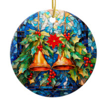 Glas in lood stijl kerstbellen en poinsettia