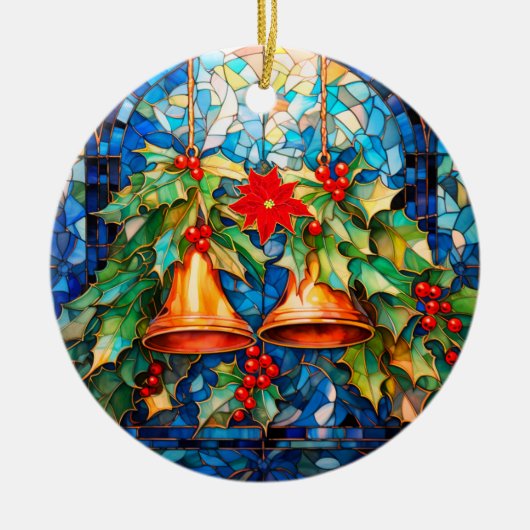 Glas in lood stijl kerstbellen en poinsettia keramisch ornament (Voorkant)