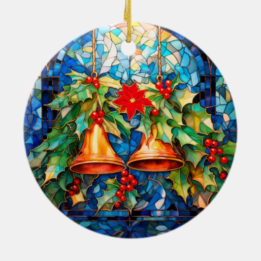Glas in lood stijl kerstbellen en poinsettia keramisch ornament (Achterkant)