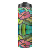 Glas in lood stijl met roze bloemen thermosbeker (Voorkant)