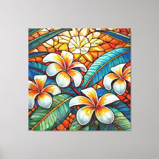 Glas in lood stijl plumeria op sinaasappel canvas afdruk (Voorkant)