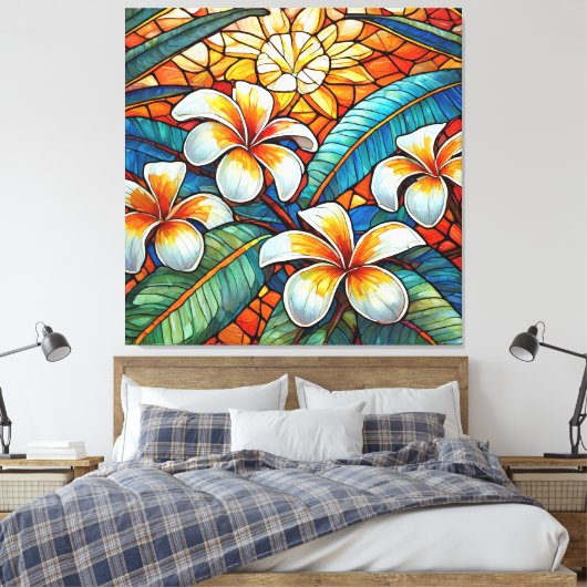 Glas in lood stijl plumeria op sinaasappel canvas afdruk (Insitu (Slaapkamer))