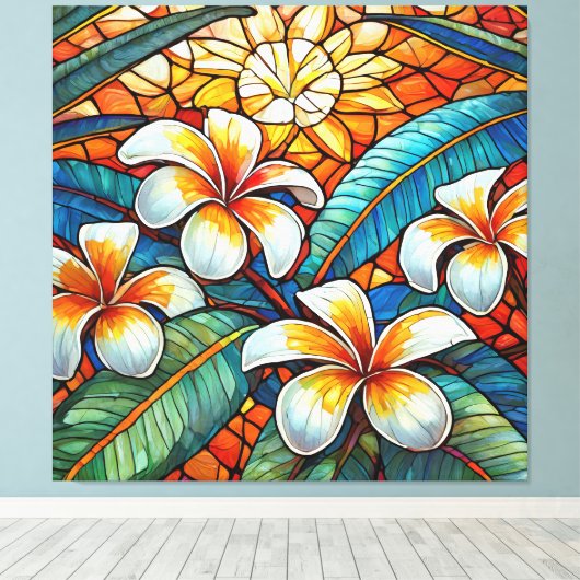 Glas in lood stijl plumeria op sinaasappel canvas afdruk (Insitu (Houten vloer))