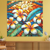 Glas in lood stijl plumeria op sinaasappel canvas afdruk (Insitu (Woonkamer))