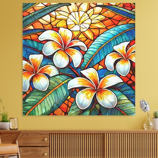 Glas in lood stijl plumeria op sinaasappel canvas afdruk (Insitu (Woonkamer))