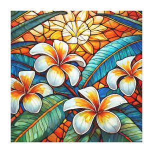 Glas in lood stijl plumeria op sinaasappel canvas afdruk