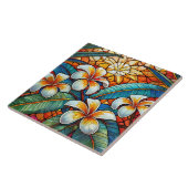 Glas in lood stijl plumeria op sinaasappel tegeltje (Zijkant)