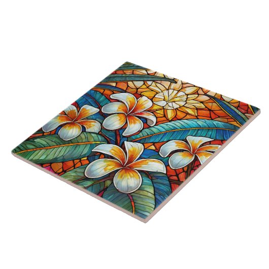 Glas in lood stijl plumeria op sinaasappel tegeltje (Zijkant)