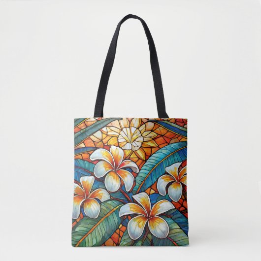 Glas in lood stijl plumeria op sinaasappel tote bag (Voorkant)