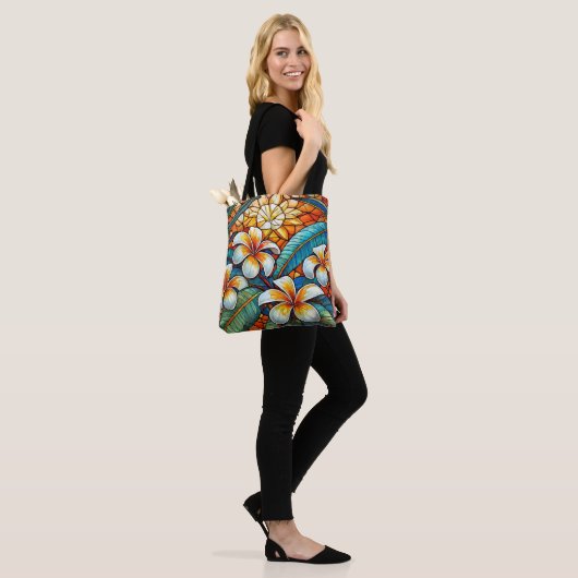 Glas in lood stijl plumeria op sinaasappel tote bag (Op model)