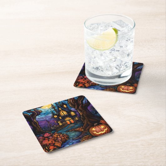 Glas in lood stijl spookhuis kartonnen onderzetters (Insitu)