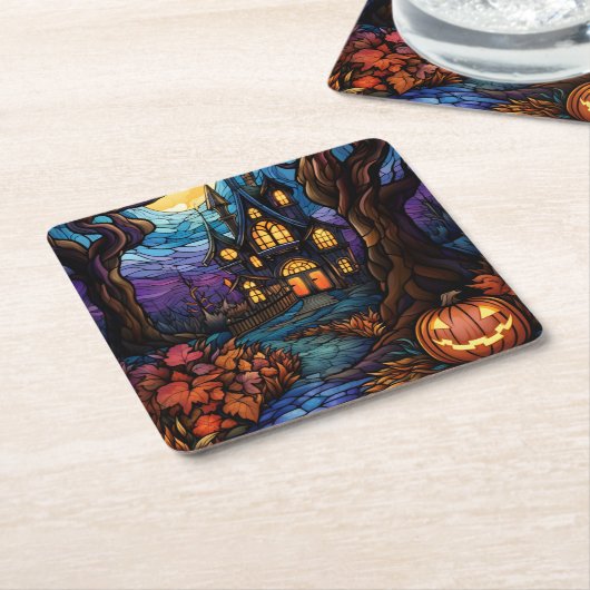 Glas in lood stijl spookhuis kartonnen onderzetters (Schuin)