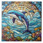 Glas in lood stijl springen dolfijn kunst tegeltje (Voorkant)