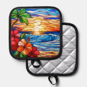 Glas in lood stijl tropische zonsondergang op stra pannenlap (Voorkant / Achterkant)