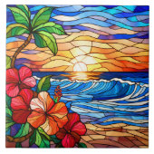 Glas in lood stijl tropische zonsondergang op stra tegeltje (Voorkant)