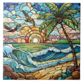 Glas in lood stijl tropische zonsondergang op stra tegeltje (Voorkant)
