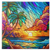 Glas in lood stijl tropische zonsondergang op stra tegeltje (Voorkant)