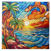 Glas in lood stijl tropische zonsondergang op stra tegeltje (Voorkant)