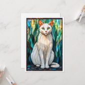 Glas-in-lood stijl Witte Kat met Groene Ogen Kaart (Voorkant / Achterkant in situ)