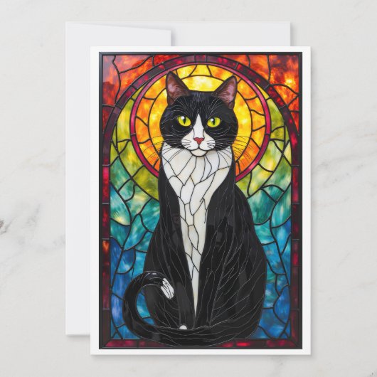 Glas-in-lood stijl Zwart-Witte Tuxedo Kat Plat Kaart (Voorkant)