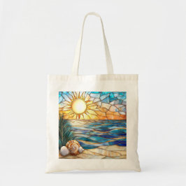 Glas-in-lood strand zonsondergang boodschappentas tote bag