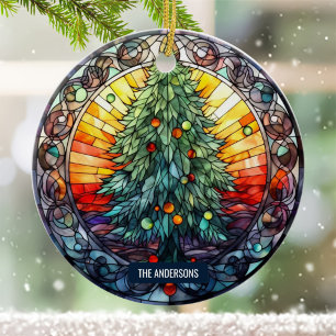 Glas in lood Sunset Christmas Tree Custom Name Keramisch Ornament