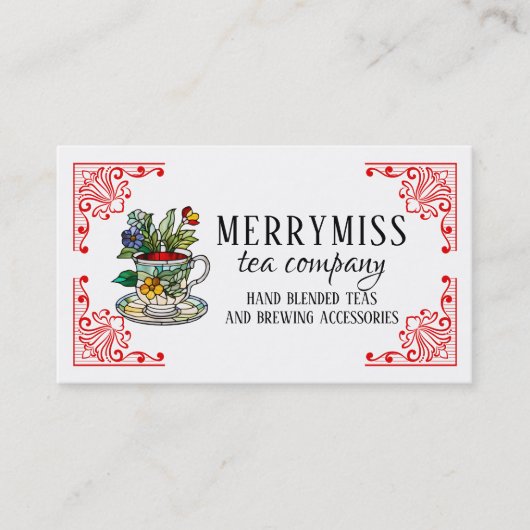 Glas in lood theekopje hand gemengde thee visitekaartje (Voorkant)