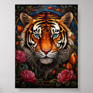 Glas-in-lood Tijger Portret met Roze Rozen en B Poster