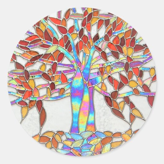 Glas in lood "Tree of Enchantment" versie 2 Ronde Sticker (Voorkant)